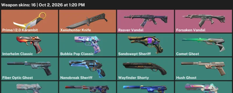 Valorant account inventory for LVL 260 · 2.0 Karambit & Xenohunter Knife & Forsaken Vandal