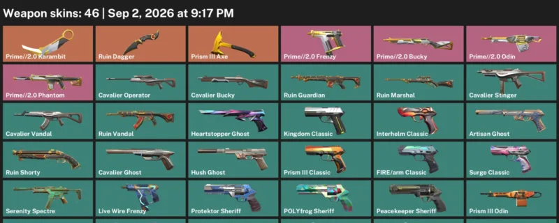 Valorant account inventory for LVL 211 · 2.0 Karambit & Ruin Dagger & 46 Skins Prime