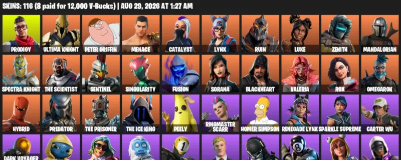 Fortnite account inventory for LVL 1835 - Prodigy - Ultima Knight - 116 Outfits