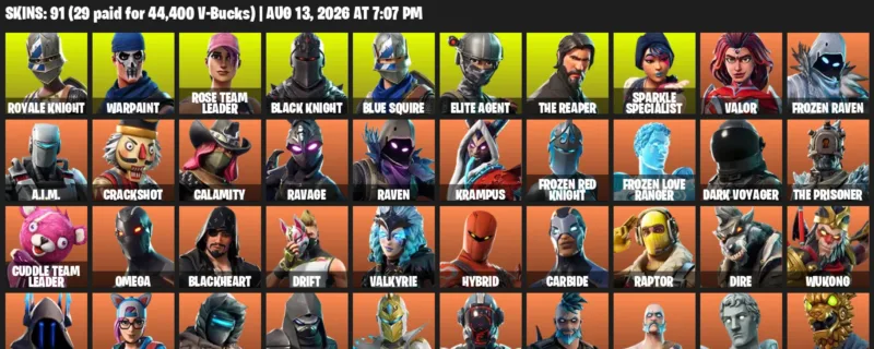 Fortnite account inventory for LVL 545 - Royale Knight - Warpaint - 91 Outfits