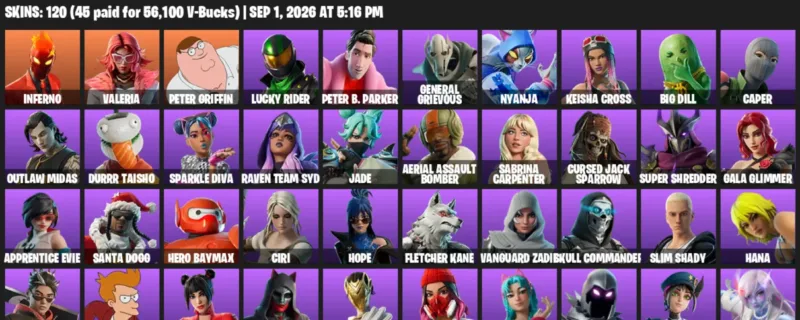 Fortnite account inventory for LVL 1457 - Inferno - Valeria - 120 Outfits