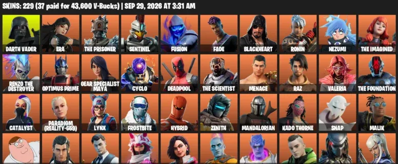 Fortnite account inventory for Darth Vader - Era - 120 Outfits