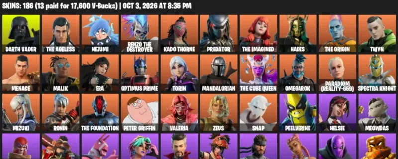 Fortnite account inventory for Darth Vader - The Ageless - 120 Outfits
