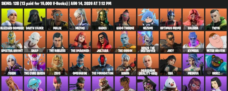 Fortnite account inventory for LVL 3292 - Blizzard Bomber - Darth Vader - 128 Outfits