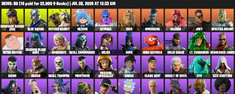 Fortnite Accounts listing: LVL 830 - Renegade Raider (OG) - Blue Squire - 80 Outfits - 80 outfits