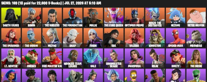 Fortnite Accounts listing: LVL 6031 - Darth Vader - Ronin - 169 Outfits - 169 outfits