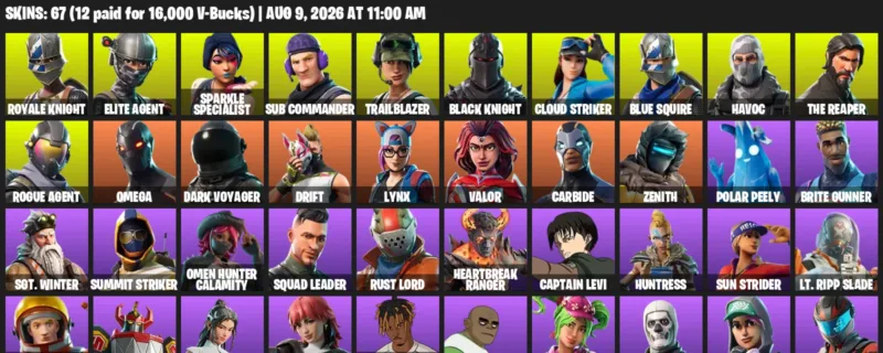 Fortnite account inventory for LVL 1153 - Royale Knight - Elite Agent - 67 Outfits
