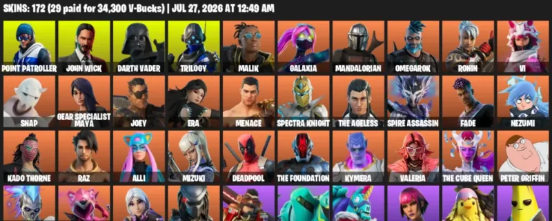 Fortnite Accounts listing: LVL 2269 - Point Patroller - John Wick - 172 Outfits - 172 outfits