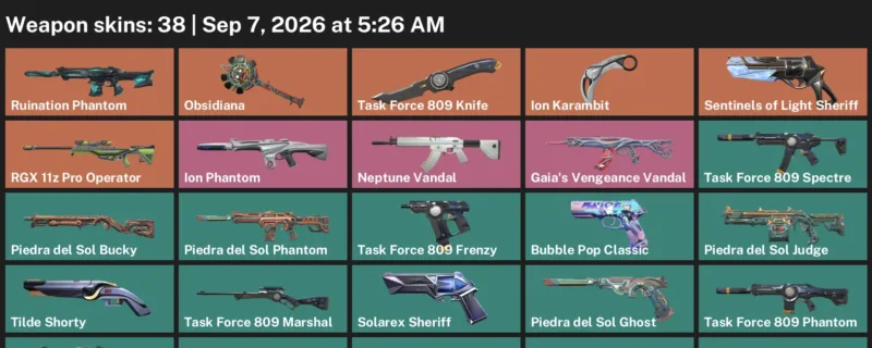 Valorant account inventory for LVL 174 · Ion Karambit & Task Force 809 Knife & 38 Skins Ion Karambit