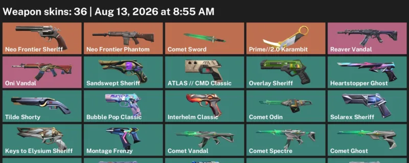 Valorant account inventory for LVL 362 · 2.0 Karambit & Comet Sword & Prime