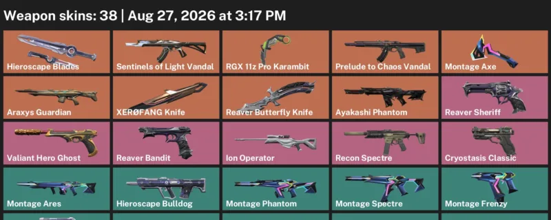 Valorant account inventory for LVL 96 · RGX 11z Pro Karambit & 38 Skins Reaver Butterfly Knife