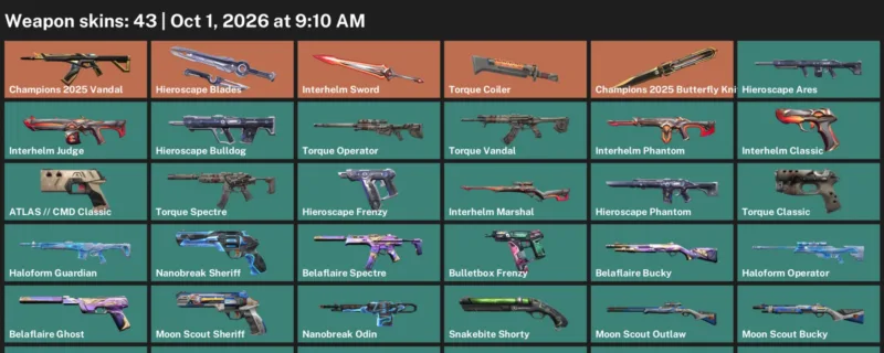 Valorant account inventory for LVL 110 · 43 Skins Champions 2025 Butterfly Knife & Belaflaire Vandal