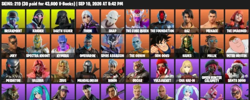 Fortnite account inventory for LVL 2809 - Breakpoint - Xander - 219 Outfits