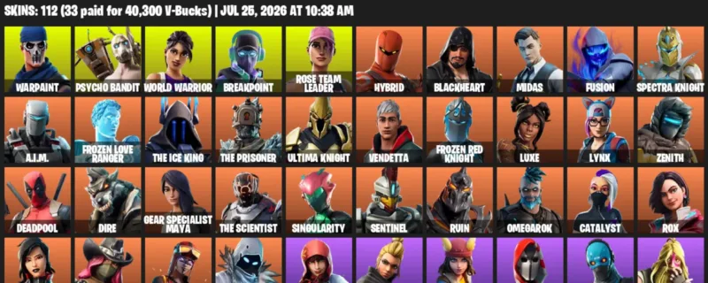 Fortnite Accounts listing: LVL 1294 - Warpaint - Psycho Bandit - 112 Outfits - 112 outfits
