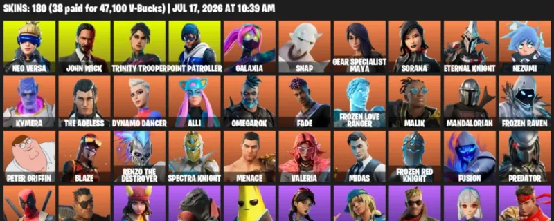 Fortnite Accounts listing: LVL 2389 - Neo Versa - John Wick - 180 Outfits - 180 outfits