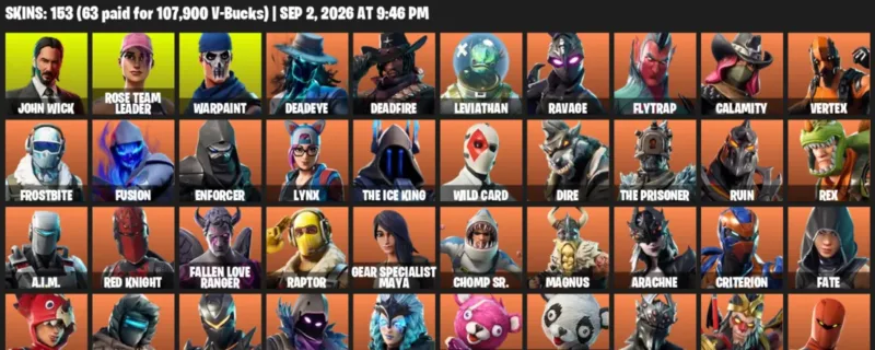 Fortnite account inventory for LVL 1023 - John Wick - Rose Team Leader - 153 Outfits