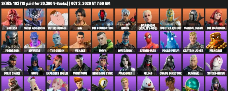 Fortnite account inventory for Valeria - Spire Assassin - 103 Outfits