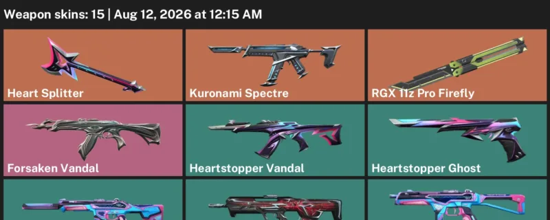 Valorant account inventory for LVL 51 · 15 Skins Forsaken Vandal & Forsaken Vandal & Heart Splitter