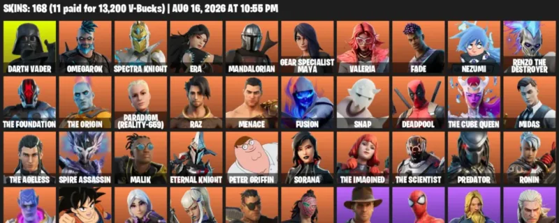 Fortnite account inventory for LVL 3331 - Darth Vader - Omegarok - 168 Outfits
