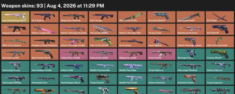 Valorant account inventory for LVL 164 · RGX 11z Pro Karambit & Xenohunter Knife