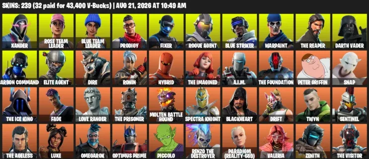 Fortnite account inventory for LVL 2958 - Xander - Rose Team Leader - 239 Outfits