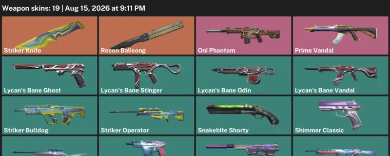 Valorant account inventory for LVL 94 · Striker Knife & Divine Swine Ares