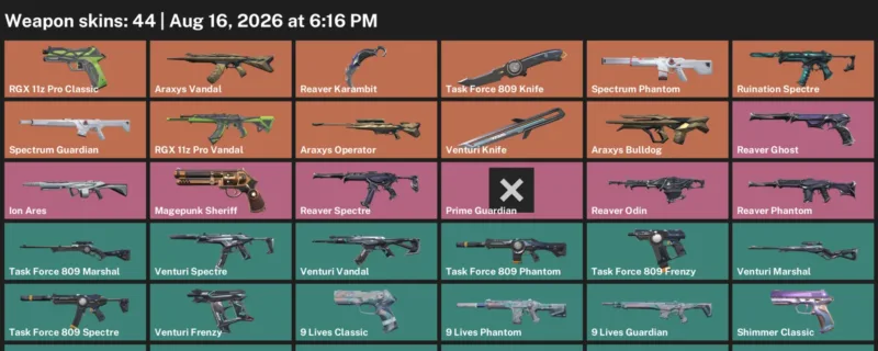 Valorant account inventory for LVL 85 · Reaver Karambit & Task Force 809 Knife