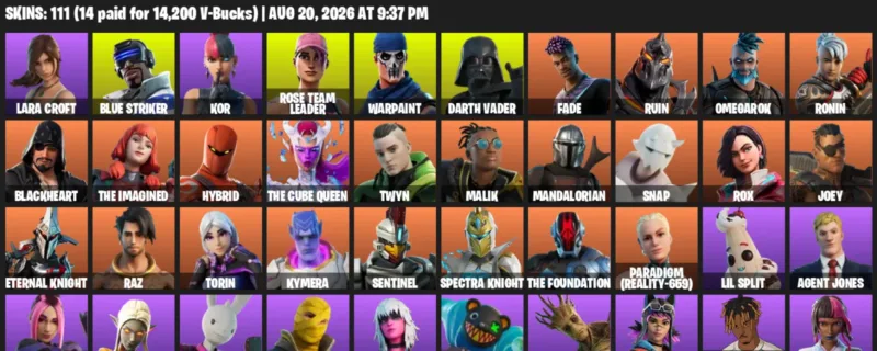 Fortnite account inventory for LVL 2414 - Lara Croft - Blue Striker - 111 Outfits