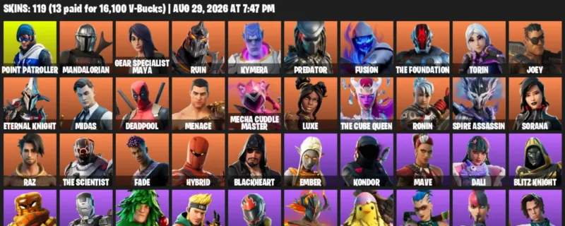 Fortnite account inventory for LVL 1936 - Point Patroller - Mandalorian - 119 Outfits