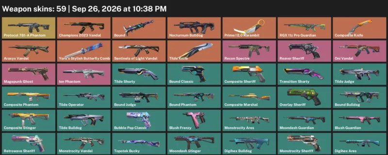 Valorant account inventory for LVL 257 · Composite Knife & Prime & 2.0 Karambit