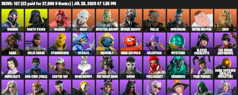 Fortnite Accounts listing: LVL 2787 - Xander - Darth Vader - 107 Outfits - 107 outfits