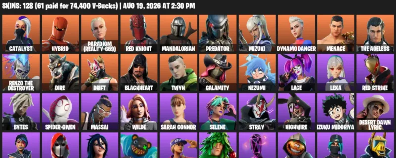 Fortnite account inventory for LVL 1724 - Catalyst - Hybrid - 128 Outfits