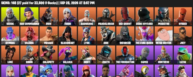 Fortnite account inventory for Havoc - Sub Commander - 120 Outfits