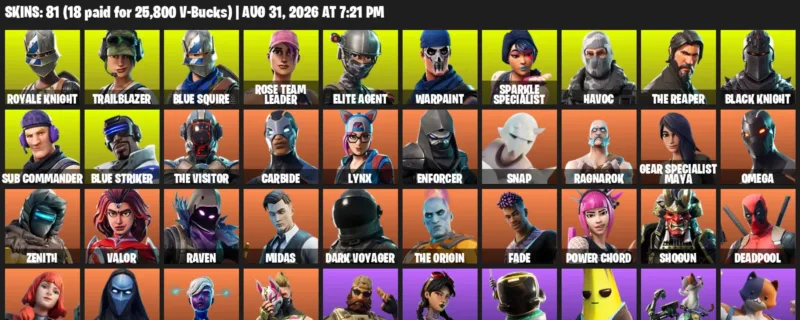 Fortnite account inventory for LVL 939 - Royale Knight - Trailblazer - 81 Outfits