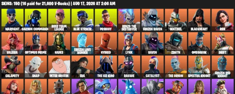 Fortnite account inventory for LVL 1683 - Warpaint - Carbon Commando - 150 Outfits