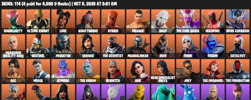 Fortnite account inventory for Singularity - Ultima Knight - 114 Outfits