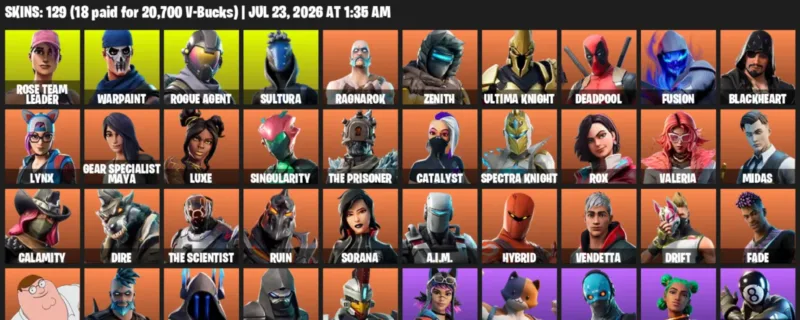 Fortnite Accounts listing: LVL 1702 - Rose Team Leader - Warpaint - 129 Outfits - 129 outfits