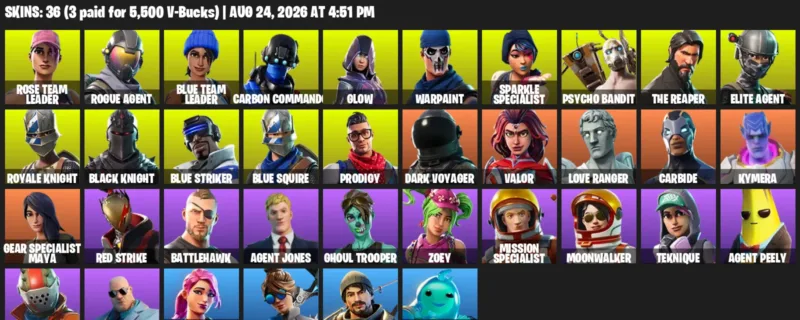 Fortnite account inventory for LVL 288 - Rose Team Leader - Rogue Agent - 36 Outfits