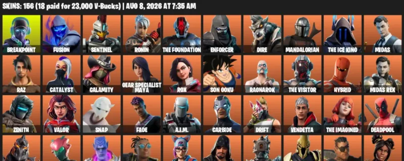 Fortnite account inventory for LVL 2009 - Breakpoint - Fusion - 156 Outfits