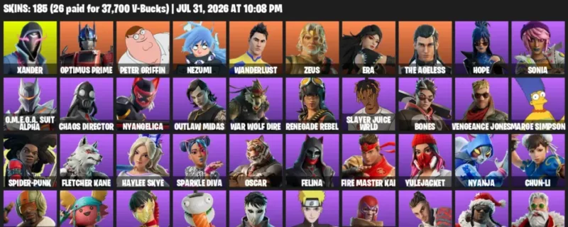 Fortnite account inventory for LVL 2134 - Xander - Optimus Prime - 185 Outfits