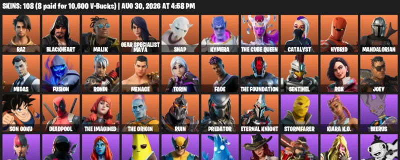 Fortnite account inventory for LVL 1478 - Raz - Blackheart - 108 Outfits