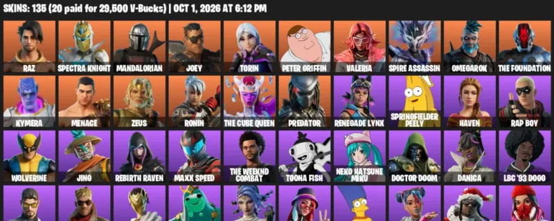 Fortnite account inventory for Raz - Spectra Knight - 120 Outfits