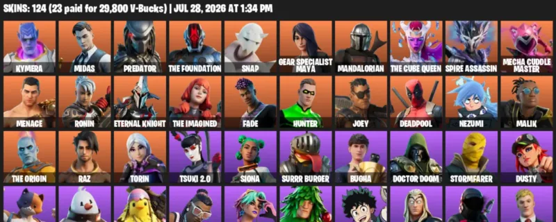 Fortnite Accounts listing: LVL 1648 - Kymera - Midas - 124 Outfits - 124 outfits