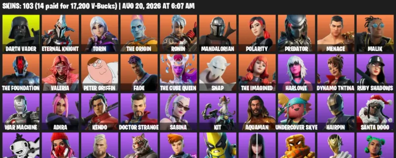 Fortnite account inventory for LVL 3117 - Darth Vader - Eternal Knight - 103 Outfits