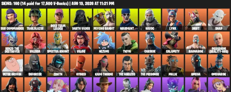 Fortnite account inventory for LVL 2180 - Sub Commander - Trailblazer - 160 Outfits