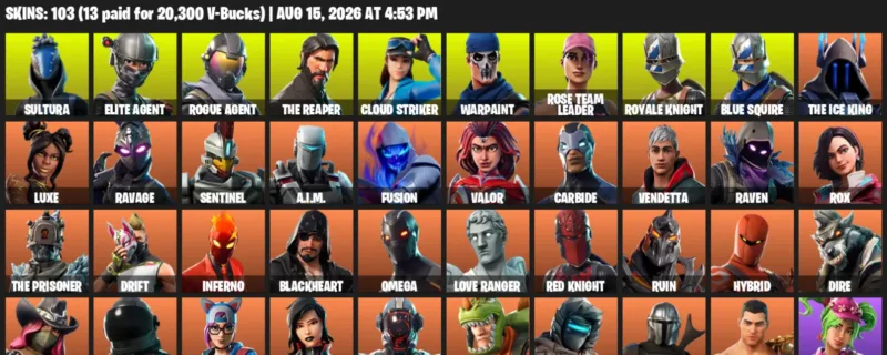 Fortnite account inventory for LVL 1634 - Sultura - Elite Agent - 103 Outfits