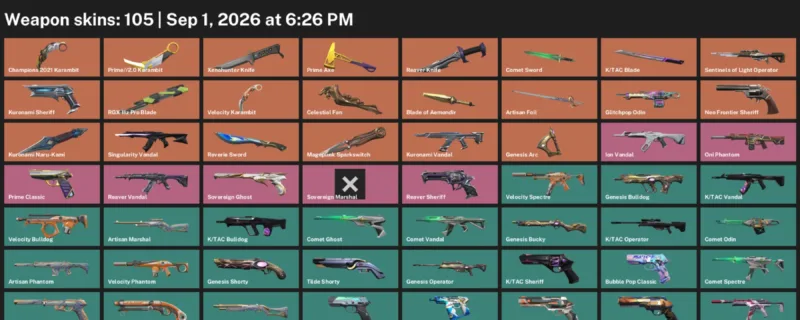 Valorant account inventory for LVL 271 · Champions 2021 Karambit & Reaver Knife