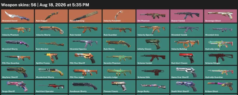 Valorant account inventory for LVL 195 · Velocity Karambit & Ruin Dagger