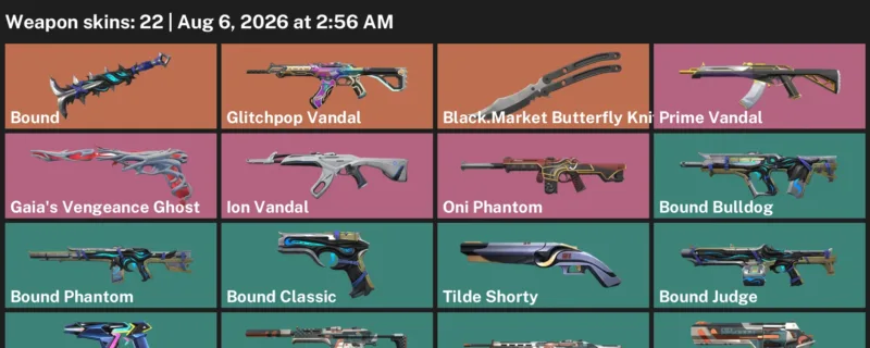 Valorant account inventory for LVL 102 · Glitchpop Vandal & Black.Market Butterfly Knife