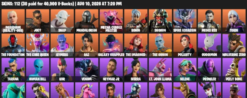 Fortnite account inventory for LVL 893 - Paradigm (Reality-659) - Joey - 112 Outfits